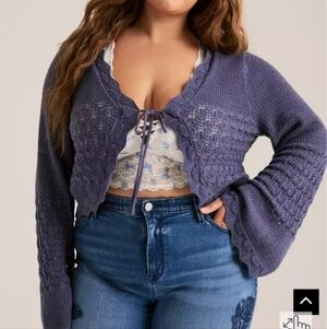 🆕️🦋 1X TORRID FESTI DUSTY BLUE FRONT TIE KNITTED BOLERO CARDIGAN🦋